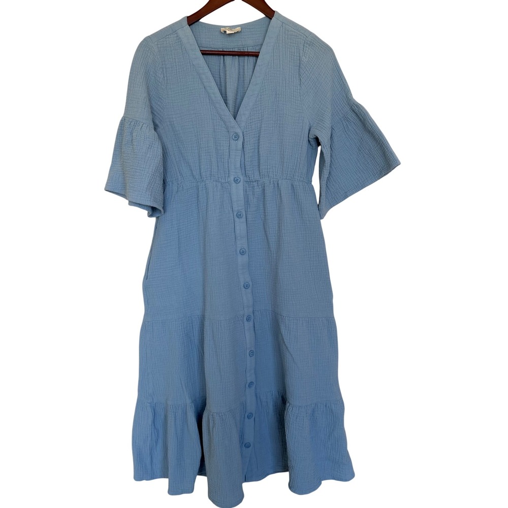 P.Cill Gauzy Cotton V Neck Popover Midi Dress With Flutter Bell Sleeves S NEW!
